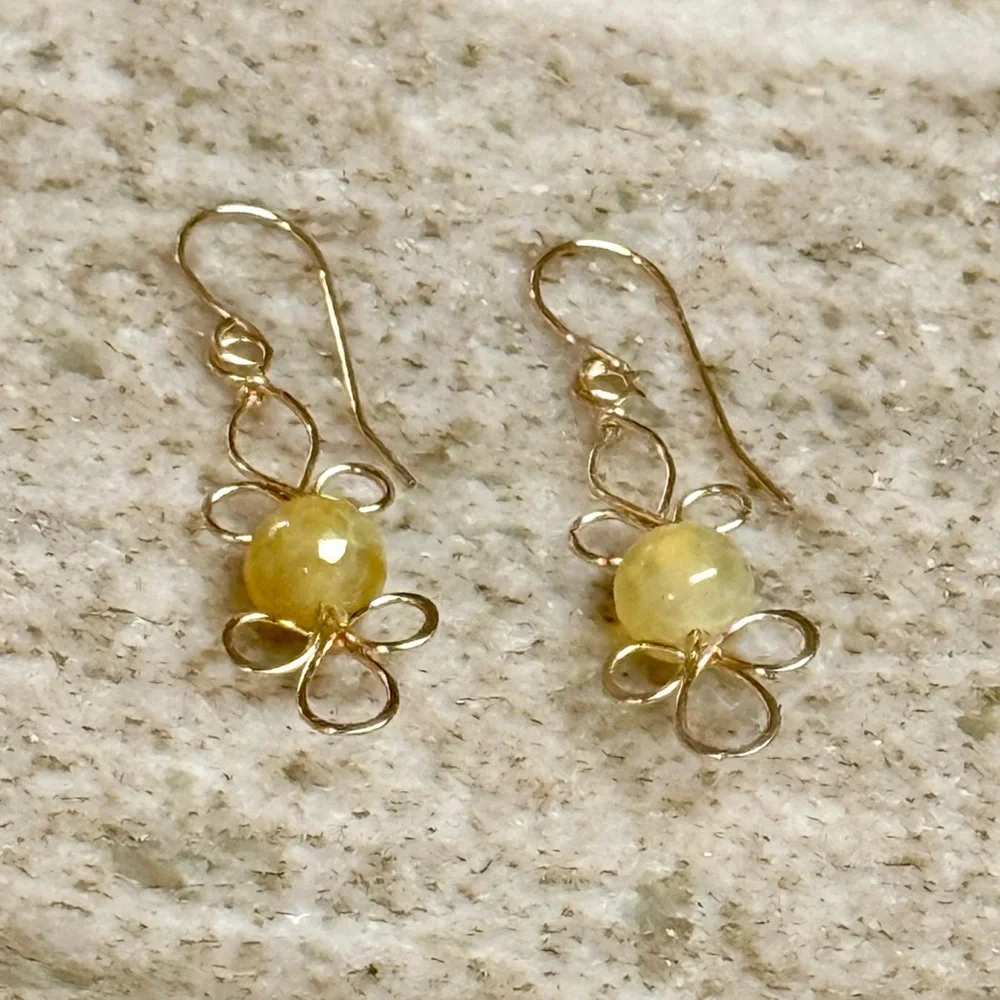 Fire Agate Floral Gold Motif Dangle Earrings